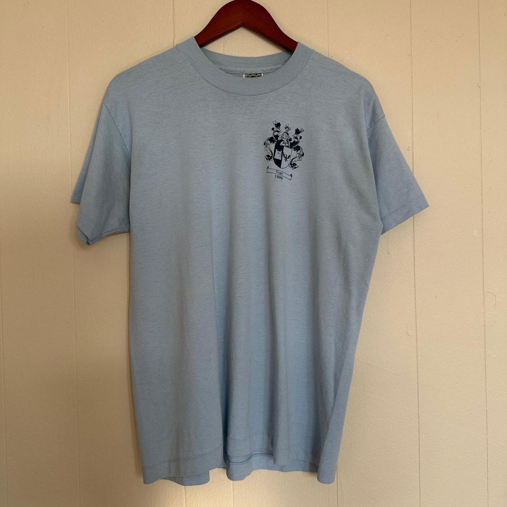 Vintage 90s Fruit of the Loom T Shirt Size L Light Blue Crest Single Stitch